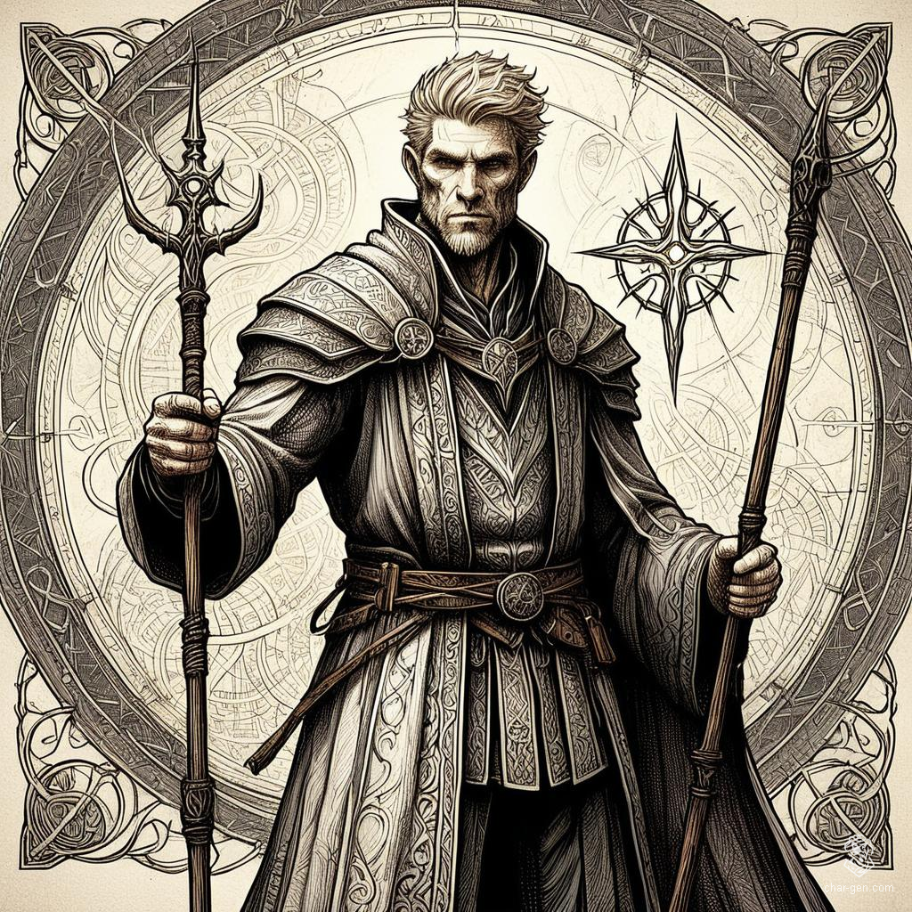Larrius the Apprentice, a 20-year-old human wizard, stands 1.81 m tall with distinct white skin and birthmarks. He has greenish-blue eyes and short, straight brownish-blond hair. Once a slave, Larrius now wields a quarterstaff and explores the world, driven by an insatiable thirst for knowledge and self-improvement.