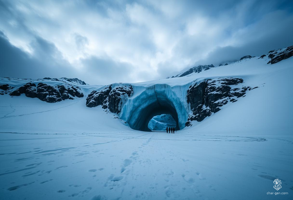 Amidst towering snow-capped peaks, a grand ice cave yawns beneath a tempestuous sky. Dark clouds swirl ominously overhead, casting shadows on the glistening white expanse. The deep, untouched snow blankets the landscape, an eerie silence enveloping the scene, offering a haunting sense of isolation and wonder.