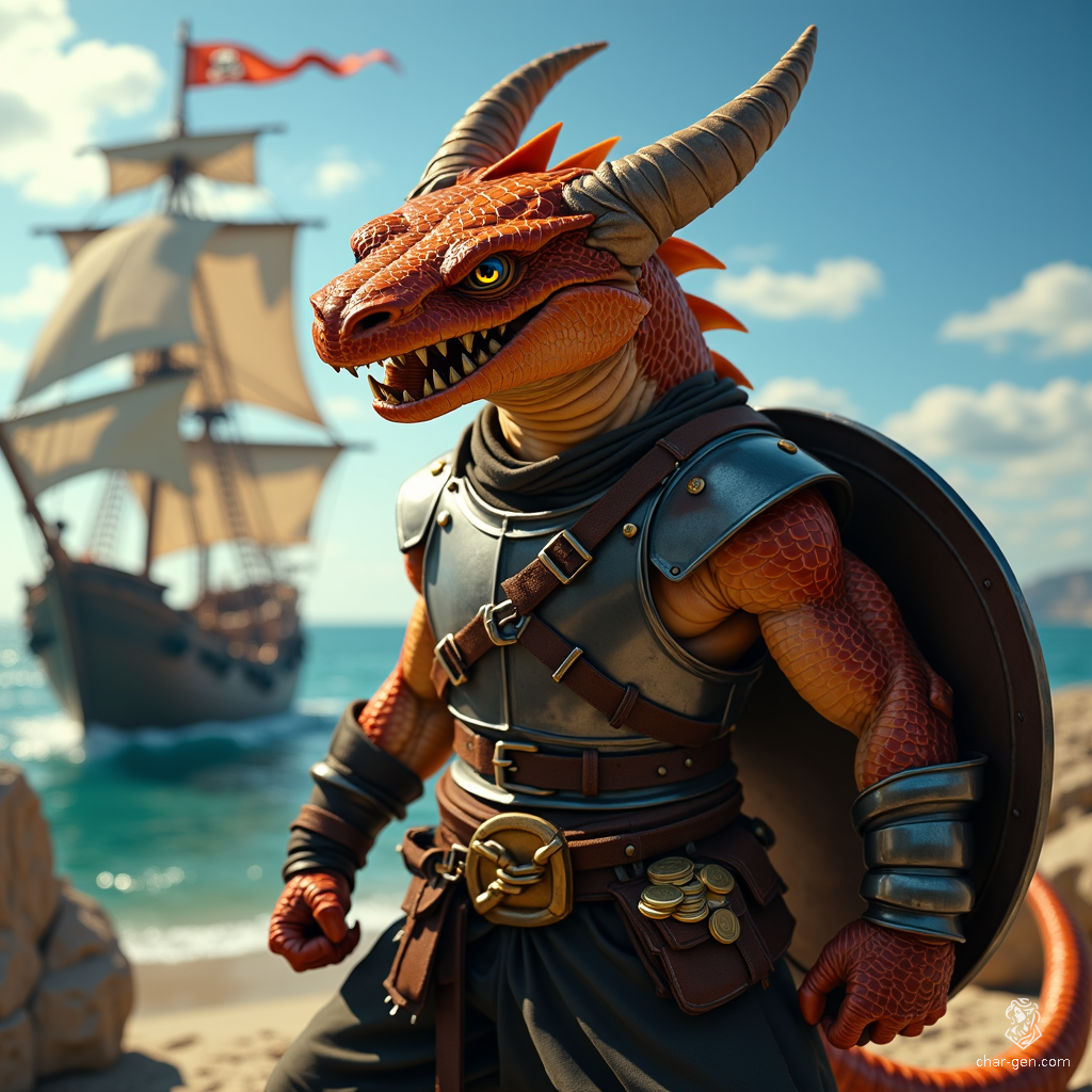 Luna is a half-kobold, half-goloma fighter, exuding confidence with muscular build and shiny copper-black scales. In a dynamic pose, they raise a steel shield defensively, jaws bared in a fierce snarl, revealing dragon-like fangs. Eight spider-like eyes glint with determination, ready to face any challenge.