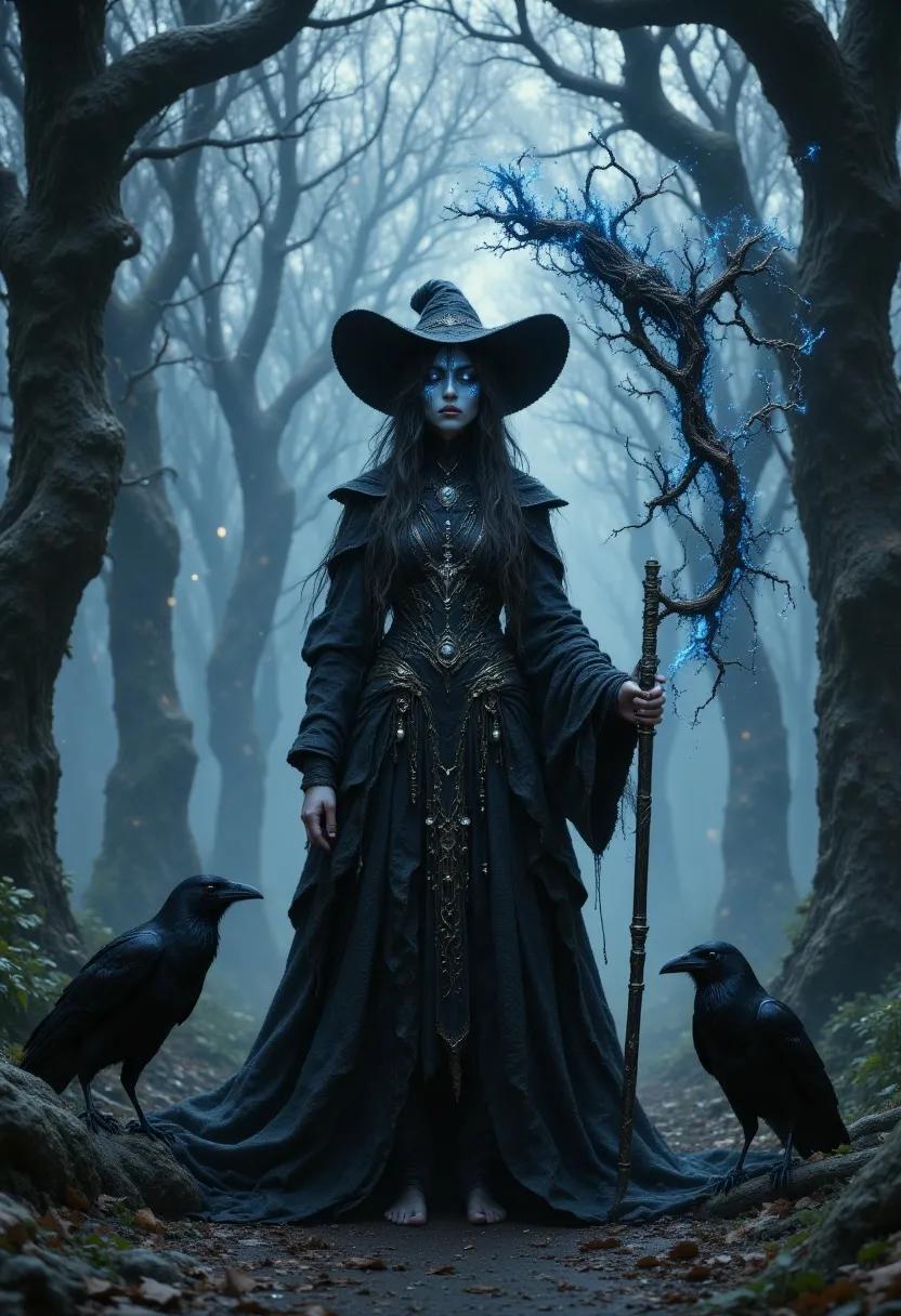 Branwen Umbra, a 230-year-old transformed human, appears as a slender, youthful sorcerer-cleric with shimmering alabaster skin, swirling silver-black pupilless eyes, and writhing onyx hair. Clad in ornate black robes and a wizard’s hat, she wields a scythe and commands ravens, embodying ancient arcane and divine power.