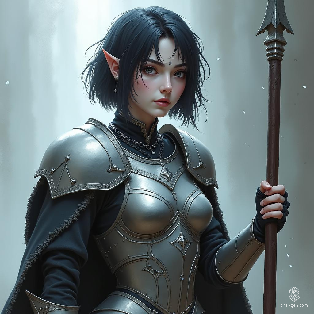 A formidable female shadar kai elf, she boasts short raven black hair and milky white skin, her coal-black eyes piercing through the darkness. Clad in gleaming silver full plate armor, she wields a spear and shield, embodying elegance and strength in battle. 