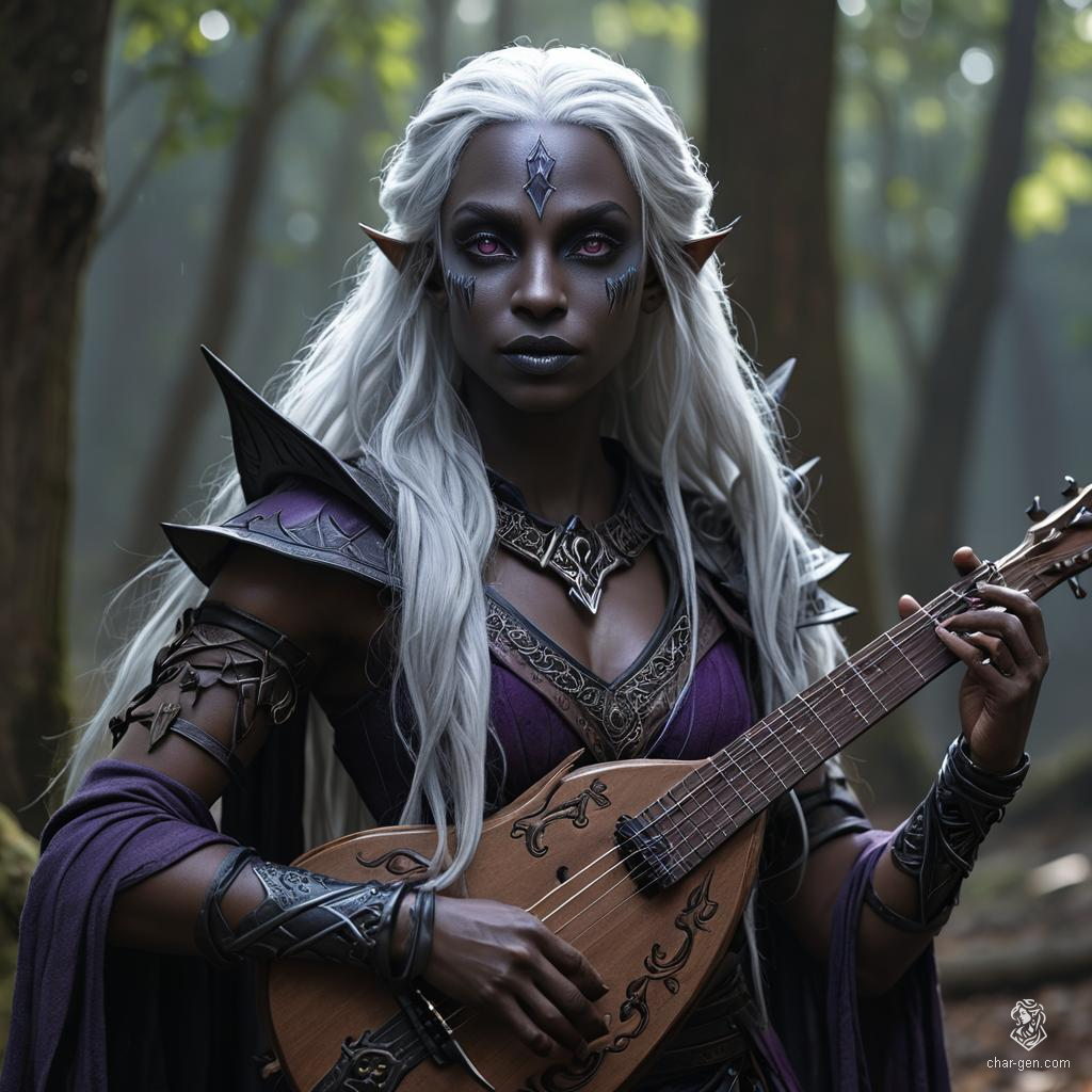 A striking Drow bard with distinct tan skin, contrasting sharply with wavy, long black hair and purple eyes. She carries a magical instrument, using expressive gestures to enchant her audience. Her white hair and grey-skinned heritage add to her captivating presence.