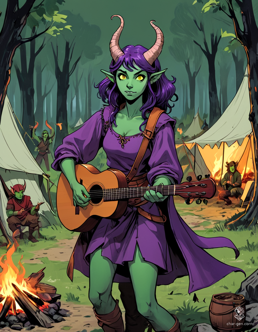 Lyrica Chantenuit, a charming 25-year-old tiefling bard with striking purple skin and deep plum hair, wields her magical lute with expressive gestures. Armed with nimble agility and a soldier's heart, she dances through tales, enchanting all with her captivating melodies and vibrant green eyes.