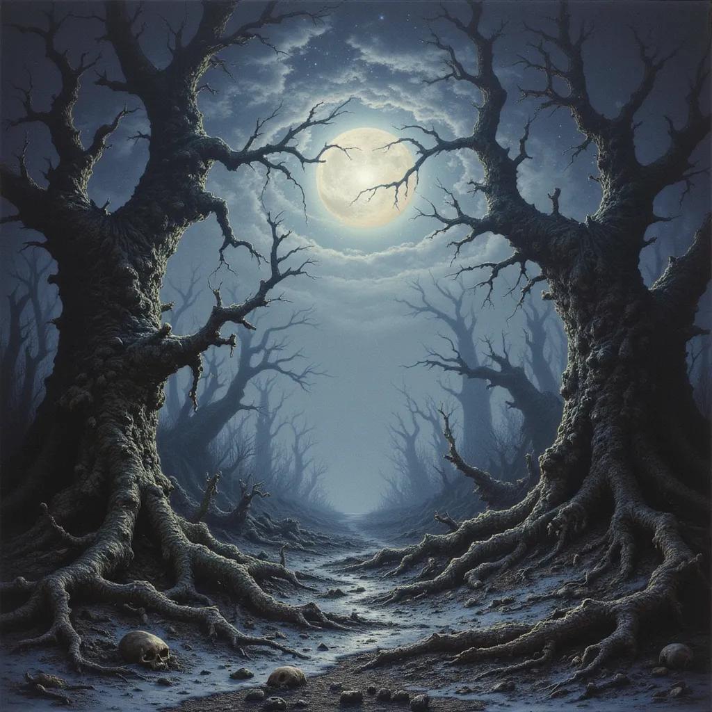 In a twisted forest of living shadows, gnarled trees twist and writhe beneath a perpetual chill. Whispers of forbidden secrets echo through the air, while broken bones and black snow blanket the ground. Distant shadows shift in the eerie mist, hinting at hidden creatures lurking in the darkness.