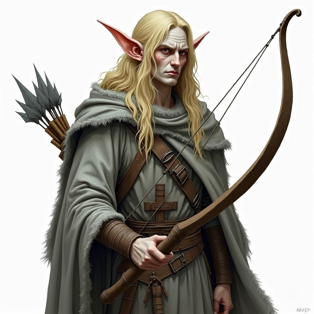 Lysanthir, a frail wood elf draped in a gray robe, bears a haunting presence with his pale skin and flowing blonde hair. Despite his illness, he wields an elegant longbow, embodying the resilient spirit of nature's guardians amidst personal turmoil.