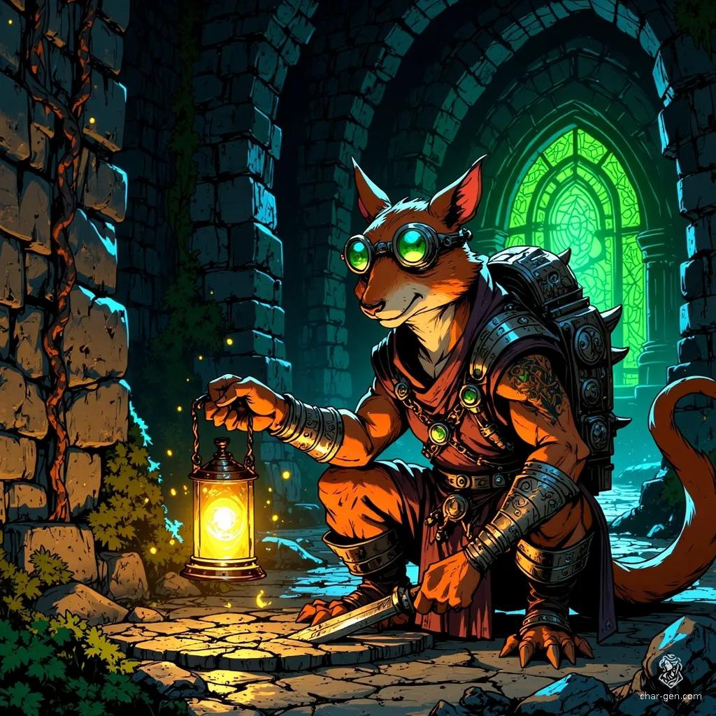 In a dark, ancient dungeon, an anthropomorphic squirrel artificer kneels over delicate clockwork, keen green eyes glinting with intellect. Adorned in a patchwork apron and intricate goggles, their mechanical backpack hums softly, embodying charm and resourcefulness as they explore the mysteries of a forgotten world.