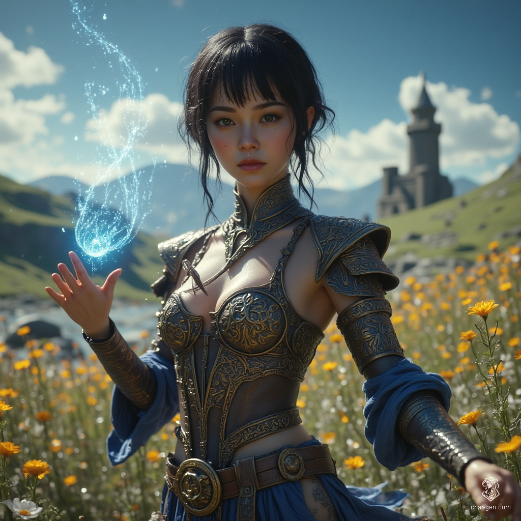 Jouli is a striking investigator mage of East Asian ancestry, standing 5'4" with a lithe frame and vibrant, glowing blue eyes. In intricately embossed leather armor, she channels her magic while tracing a large rune, her pale skin shimmering in the sunlight as she defends against impending danger. A middle-aged beauty, she expertly balances her roles as a protector and librarian among ancient texts.