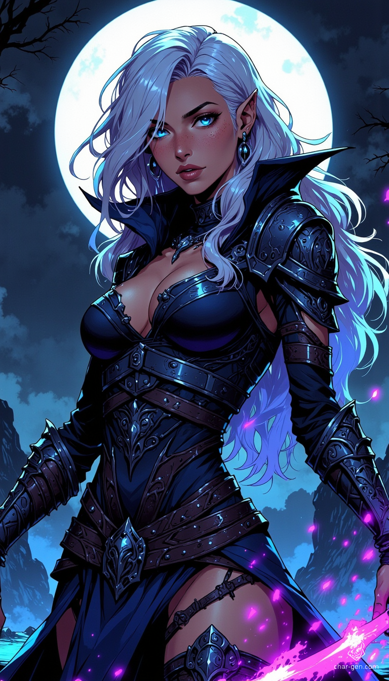 A striking female rogue embodies allure and danger, clad in skin-tight shadow armor that accentuates her curvaceous figure. Her silver hair glimmers against the darkness, while piercing blue eyes radiate with mystery. Wisps of shadow swirl around her, making her a captivating vision of the night.