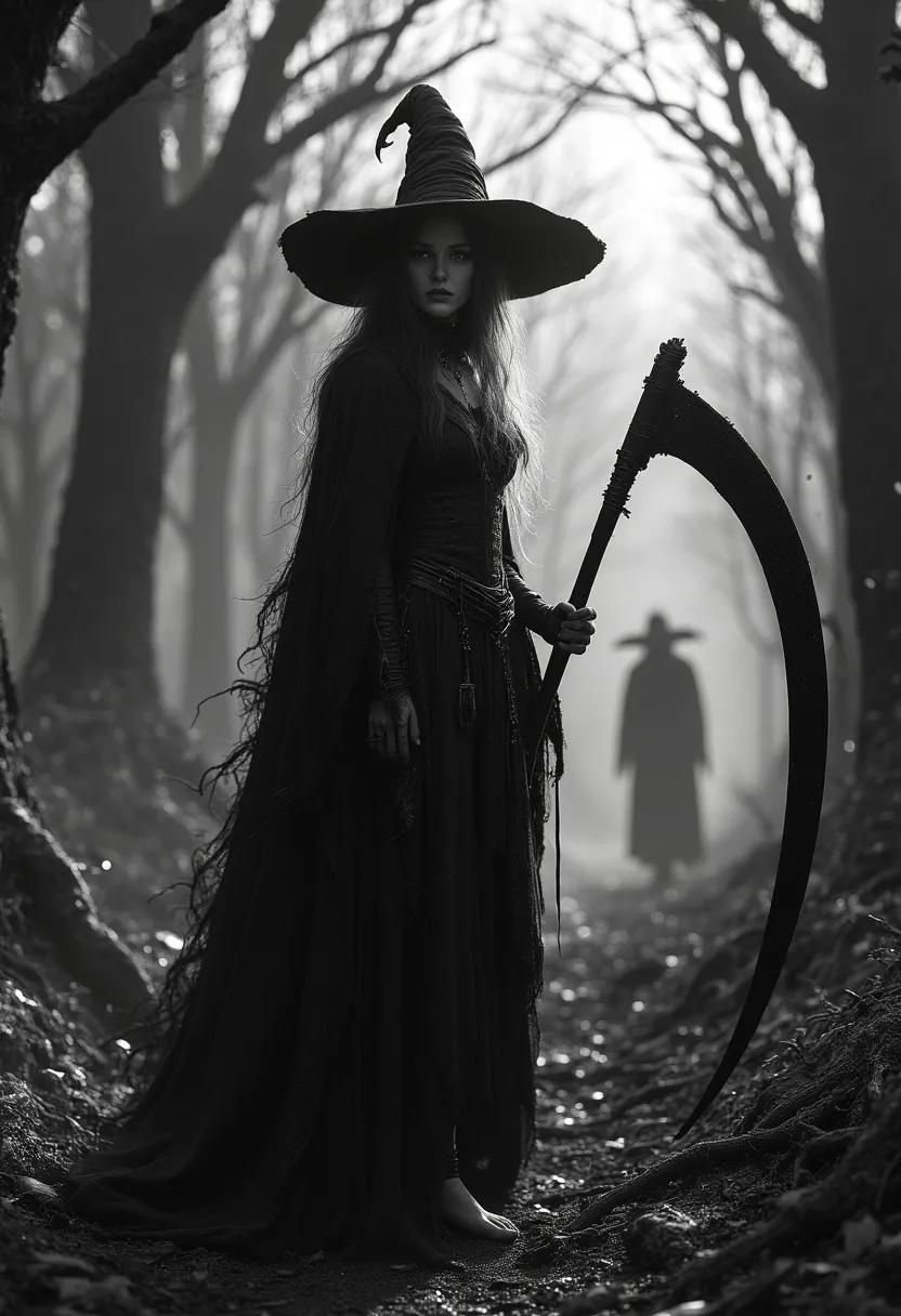 Branwen Umbra, an ancient Umbral Human cleric and sorcerer, wields divine and arcane powers with serene resolve. With shimmering alabaster skin, swirling silver-black eyes, and onyx-black writhing hair hidden beneath a dark wizard’s hat, she roams with a scythe and raven familiars, offering aid to those at their journey’s end.