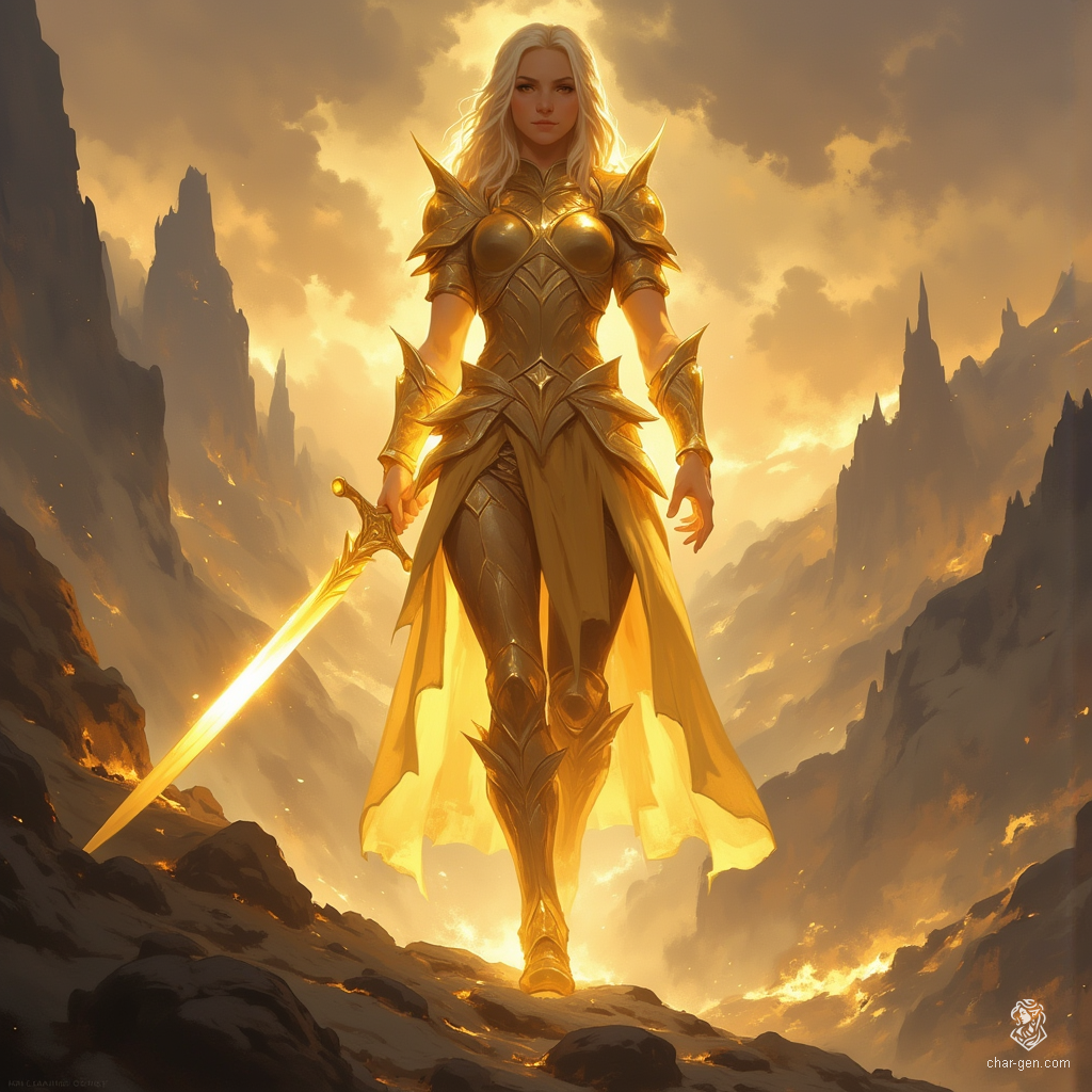 A powerful female paladin radiates divine energy in shimmering golden armor that highlights her athletic form. With glowing hair and an intense gaze, she leaves trails of luminous particles as she strides across a rocky mountainside at dawn, her golden sword illuminating the mystical landscape.