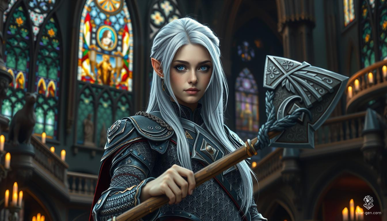 Thaveza, a 22-year-old Drow cleric, stands 5'10" tall and weighs 150 pounds. Esteemed for her serene demeanor and wisdom, she is an iconic healer who wields a mace and wears ornate chain mail. Her dark skin contrasts with bright white hair and striking blue eyes. Born with silver scales and abandoned as an abomination, she was raised in a monastery, embracing healing and the Seldarine faith.