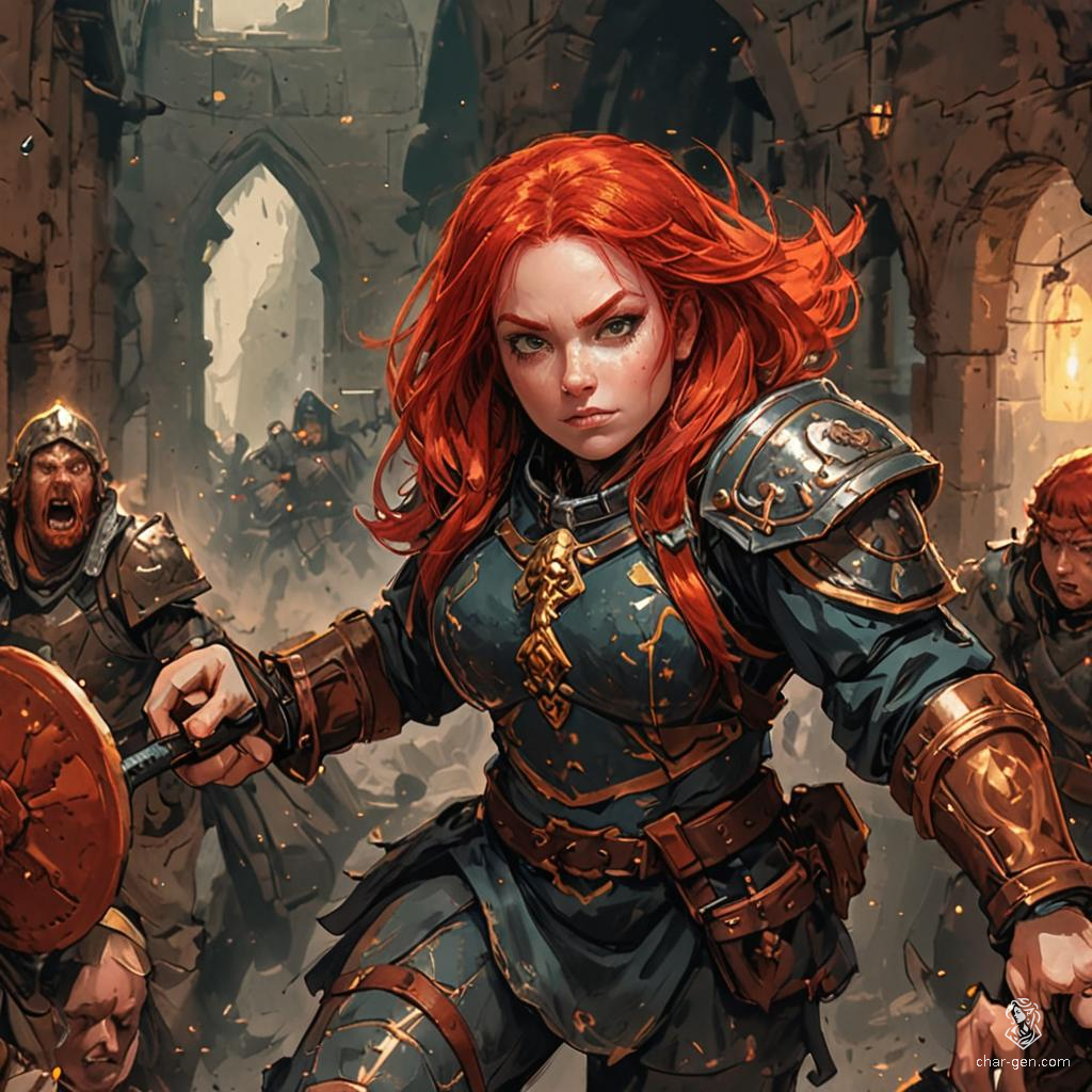 Brimming with tenacity, this stout red-headed dwarf warrior embodies courage and strength. Clad in gleaming plate mail, she charges fearlessly into battle, her warhammer swinging with precision and her shield raised defiantly, ready to protect her kin and conquer her foes.