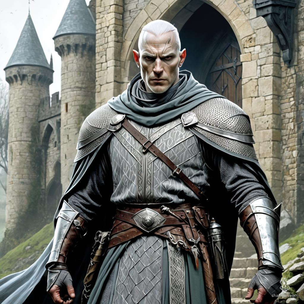 A vigilant, grey-skinned Ranger with fluid gender identity, sharp eyes, and balding hair. Clad in chainmail, they guard city gates or patrol streets, standing alongside soldiers in battered armor with bright red armbands and ranks, weapons always at the ready.