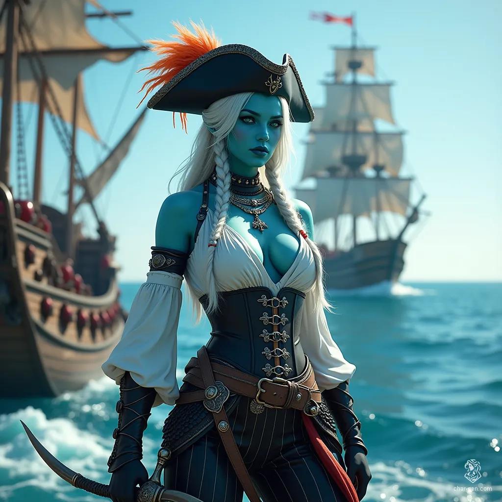 Elysia, the captivating sea elf pirate, commands the deck with her striking blue skin and mesmerizing sea green eyes. Clad in a daring sleeveless blouse and black corset, her long white braids adorned with silver trinkets flow as she brandishes a curved cutlass, ready for adventure and treasure beneath the waves.