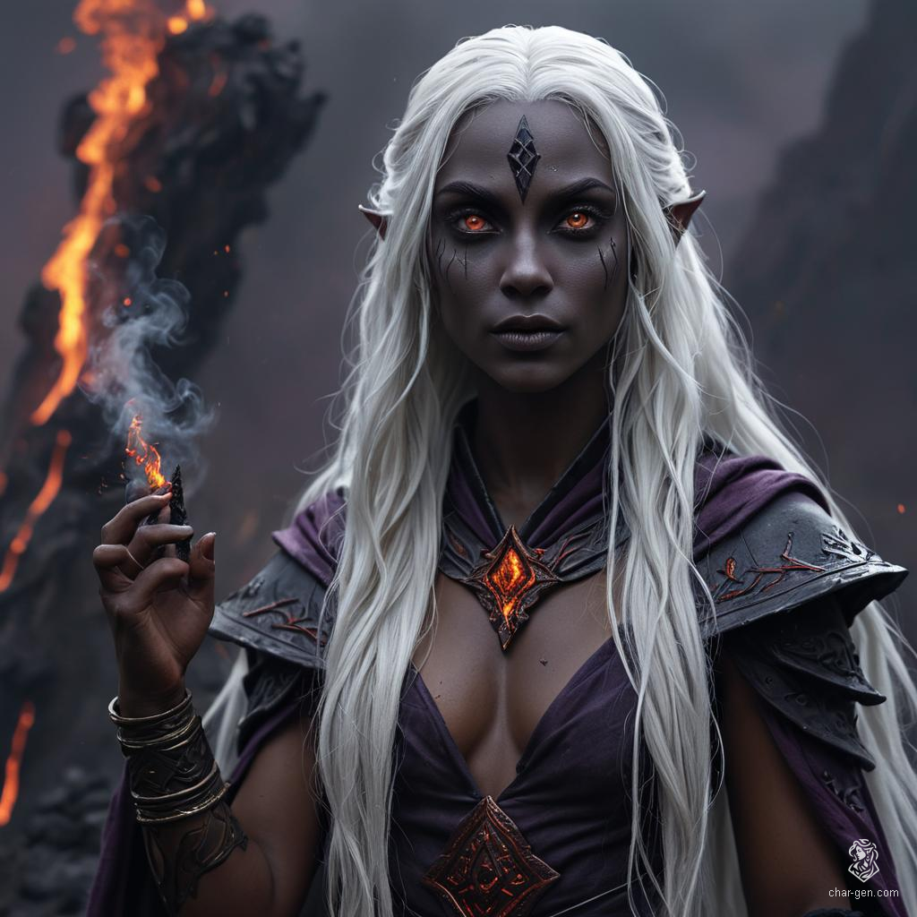 A striking female drow monk with a calm expression, fluid posture, and a toned physique. Her tan skin contrasts sharply with her long, bright white hair. She has mesmerizing purple eyes and exudes an aura of serene strength.