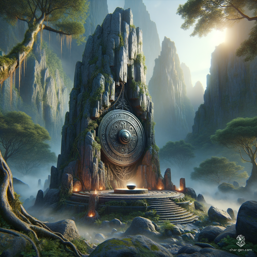 Nestled within a towering 15-meter rock, the altar emerges, etched with ancient runes and surrounded by a misty aura. Vivid flora dances at its base, while a mysterious black metal disk radiates an enigmatic energy, shimmering under the ethereal glow of a lavender sky.