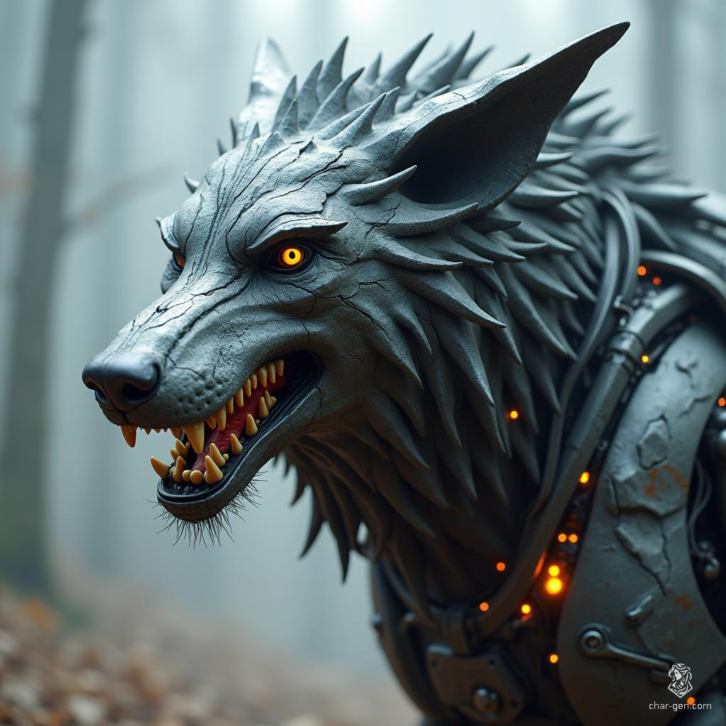 The Mechanical Dire Wolf is a formidable fusion of nature and technology, featuring sleek grey metallic plating and glowing cyberpunk accents. This formidable beast prowls the neon-lit urban wastelands, combining primal instincts with advanced robotics, making it a relentless predator in a dystopian world.