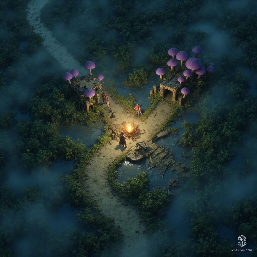 In a murky marsh, sticky mud oozes beneath your feet while tangled mangroves loom over shimmering pools, cloaked in thick fog. Purple mushrooms cling to decaying logs, illuminating the area with eerie glow. A crossroads campsite lies at the heart, shadowed by the remnants of a ruined highway bridge, where giant fay mushrooms thrive, concealing hidden traps and lurking secrets for the unwary traveler.