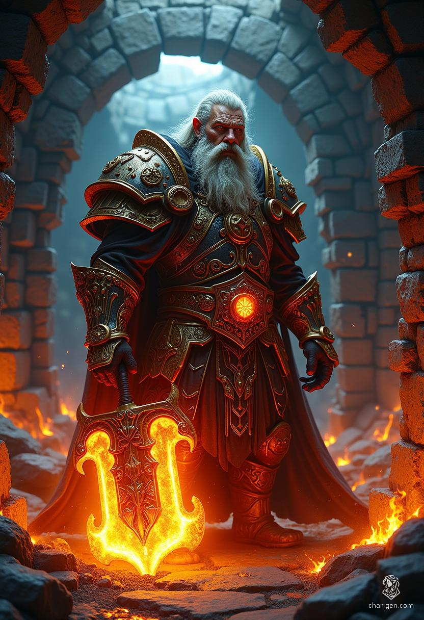 Groomorlum Blunthorn, a rugged dwarf warlock, balances charm and wisdom. Bound by a pact with shadow, he wields a radiant warhammer, clad in ornate armor. A talented blacksmith turned arcane protector, he navigates the complexities of loyalty and trust while safeguarding Mirabar's people.