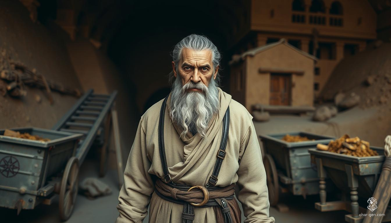 Jó is a middle-aged man with a thick, graying beard, deep brown eyes, and weathered skin, rendered in Pixar/Disney's 3D style. He wears a long beige linen tunic with a brown leather belt. His simple mud house with a straw roof in the background reflects his humble, ancient Middle Eastern life.