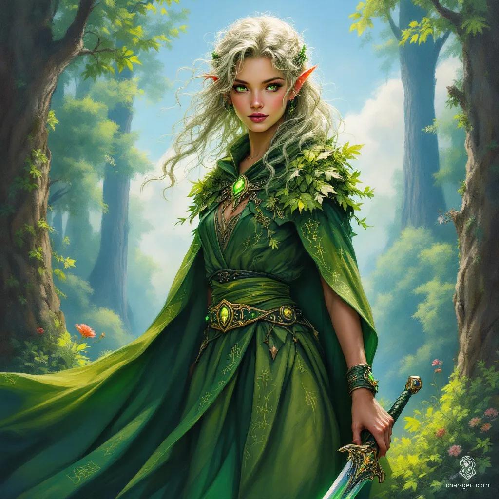 A youthful tiefling druid, she embodies the spirit of nature. With long, curly light green hair and gentle light green eyes, she wears an elegant, nature-themed magical cape adorned with leaves and glowing moss. Armed with a beautifully crafted sword, she exudes adventure and the magic of the wild.