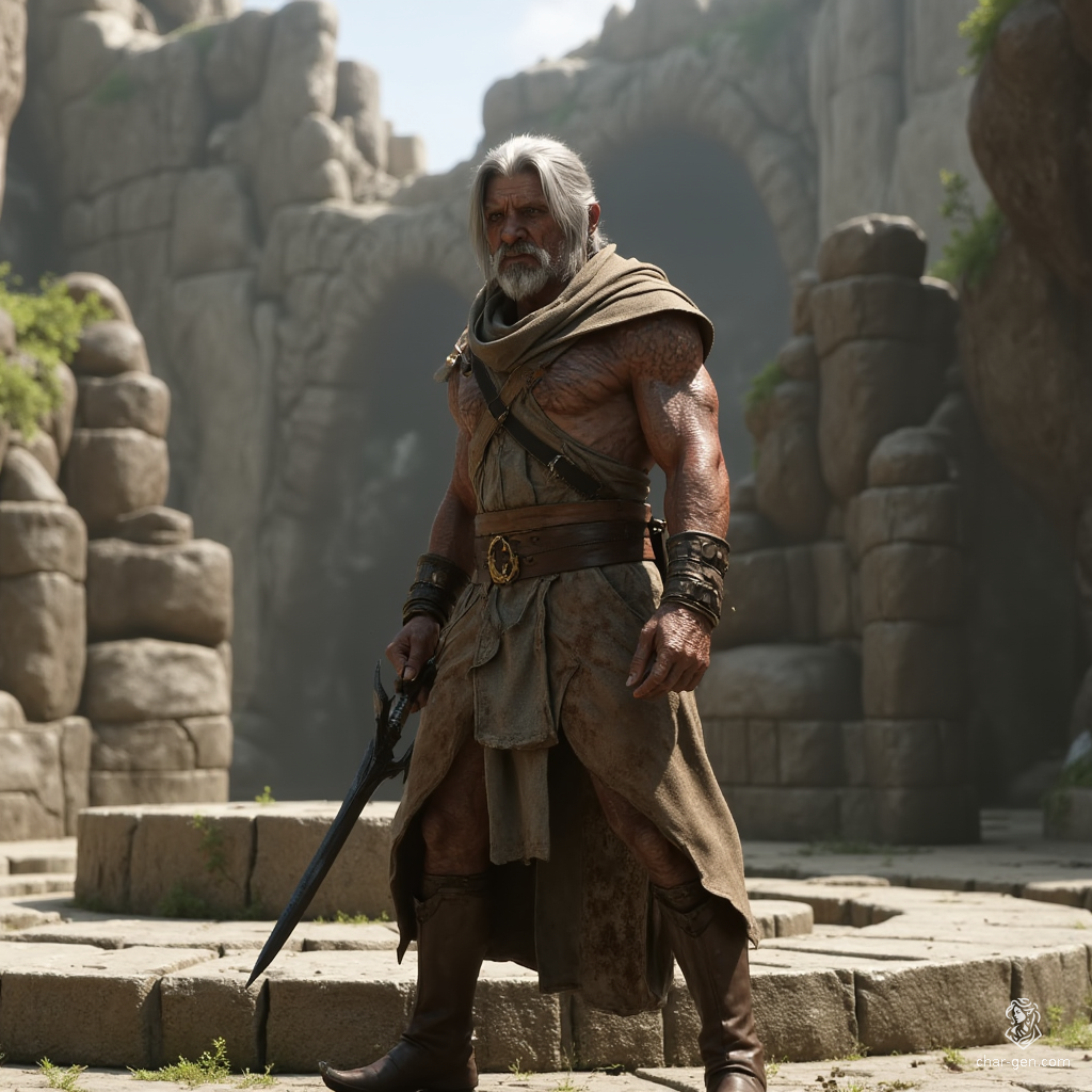 Tancrede, a weathered 55-year-old human warrior, blends the skills of a fighter, ranger, and rogue. With a shortsword in hand and a keen eye for nature, he embodies resilience and intelligence. Haunted by past tragedies, he tracks dragons while uncovering the truth behind a young hero's legacy.