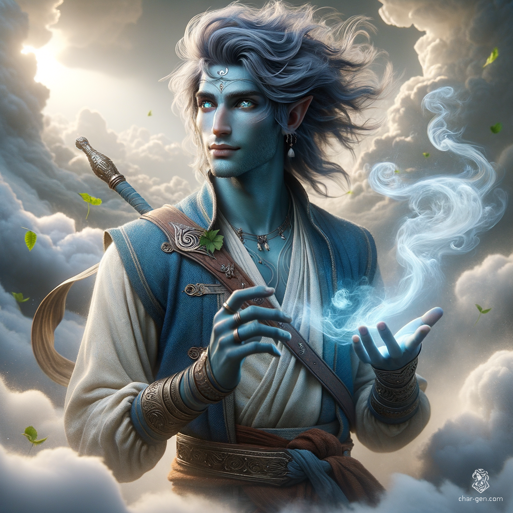 Breezen Aeolus is a charming 19-year-old air genasi bard, distinguished by his vibrant sky-blue skin and storm cloud-grey hair. With a rapier in hand and intricately detailed leather armor adorning his nimble frame, he captivates audiences with enchanting melodies and expressive gestures, embodying the essence of the wind.