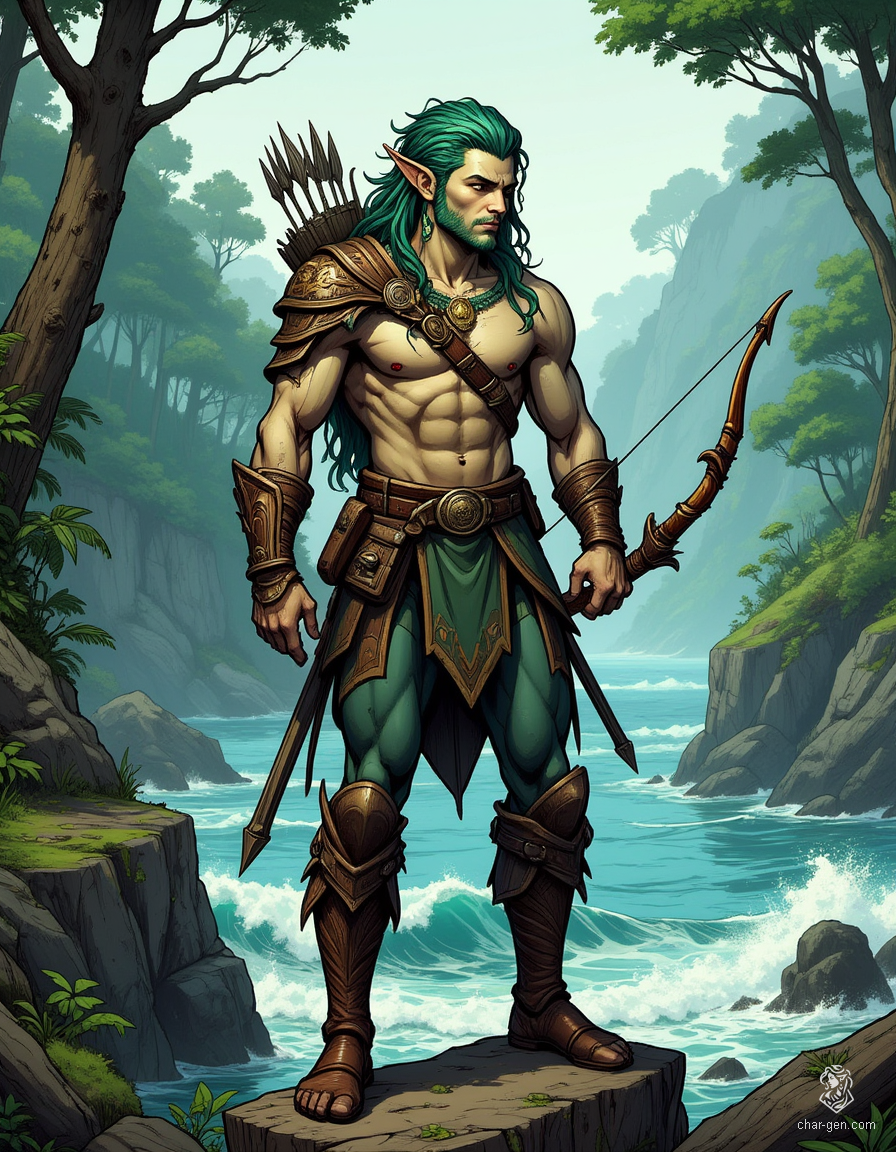 Kaelen, a triton ranger, stands at the forest's edge, merging ocean and land. His muted aqua skin and kelp-green hair adorned with leaves and shells reflect his heritage. Clad in sea-forged leather, he embodies nature's magic, a wise guardian of both realms, ever watchful and respectful of the wild.