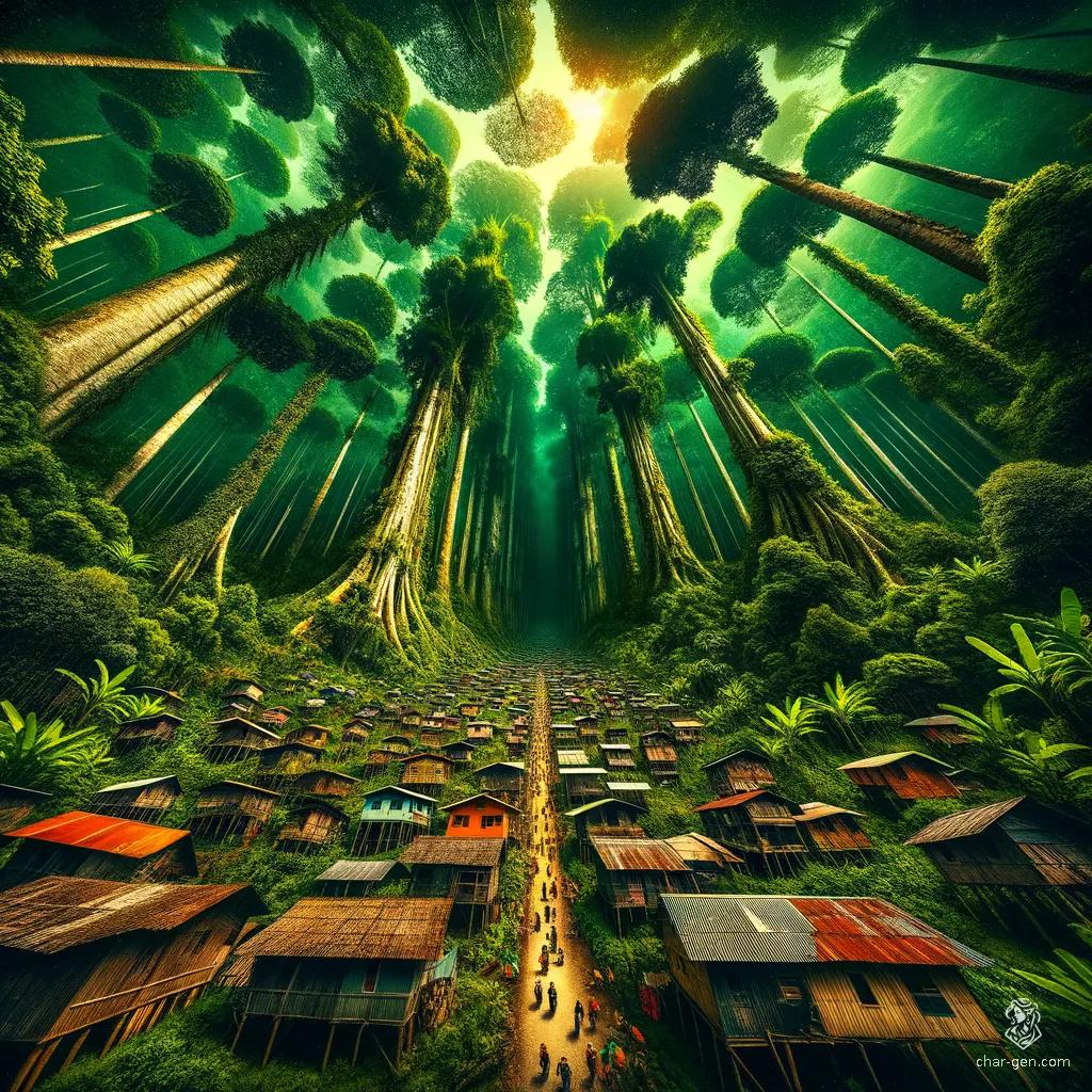 Captured from a low angle, this imposing fantasy character towers amidst a jungle-town backdrop. The dynamic composition accentuates their exaggerated proportions, creating a strong visual impact. The upward view adds heightened drama, emphasizing their commanding presence and formidable stature.