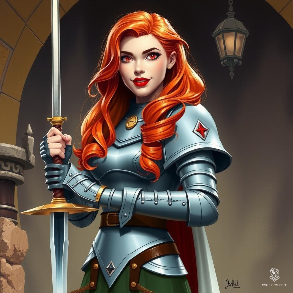 A striking, voluptuous human woman with wavy red hair and red lipstick stands poised in a fantasy dungeon. Clad in form-fitting silver armor, she grips a longsword confidently, a smile revealing her eagerness for battle.