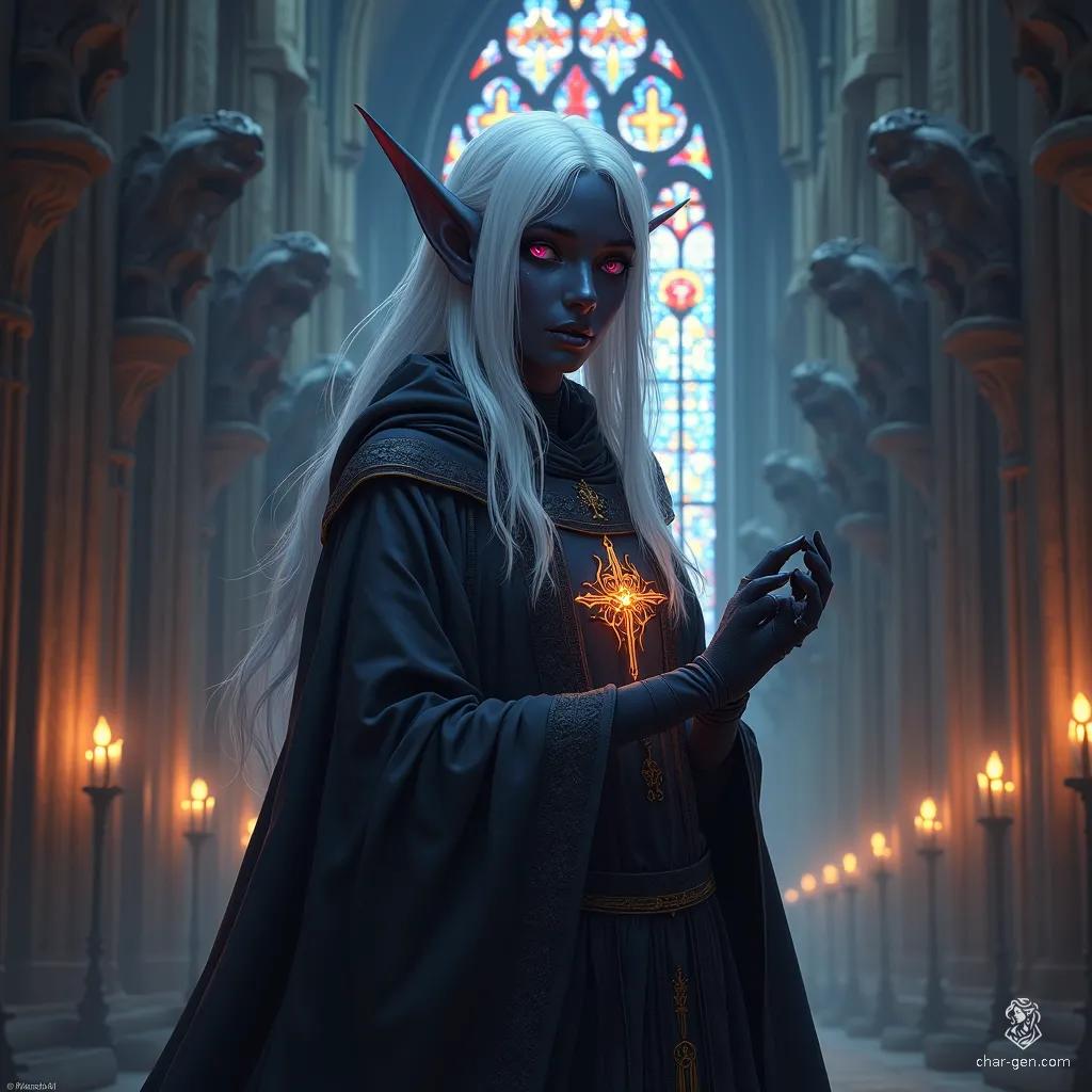 A serene young drow sultana, this cleric radiates radiance with her bright white hair and piercing eyes. Her obsidian skin glistens as she wields a prominent holy symbol, embodying a blend of grace and strength in a world shrouded in darkness.