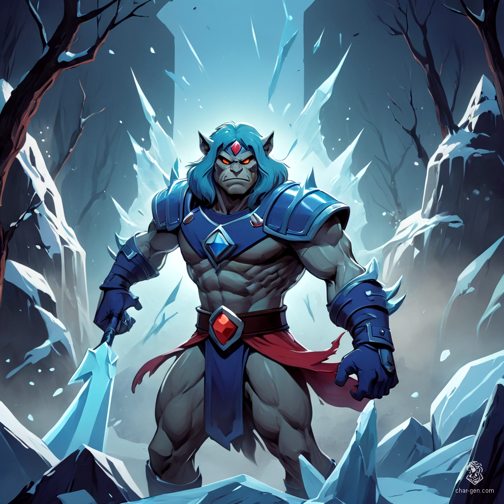 Meet Frostax, the Sorcerer of the Glacial Realms! With exaggerated features and a muscular frame, he wields ice magic in vibrant color. Inspired by 80s cartoons, he battles foes with dramatic poses, showcasing bold outlines and nostalgic charm, all set against simple, enchanted backgrounds.