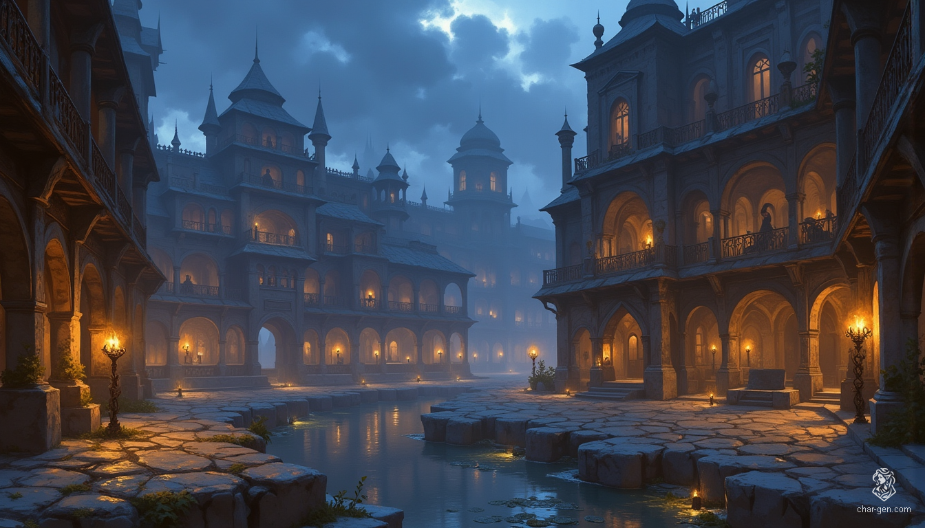 Westcrown, cloaked in twilight's stormy embrace, reveals its faded elegance. Intricate stone facades, weathered by time, rise from winding canals that serpent through deserted plazas. Rusted ironwork clings to ornate balconies, whispering tales of a once-vibrant city, now steeped in an ethereal, mystical atmosphere.