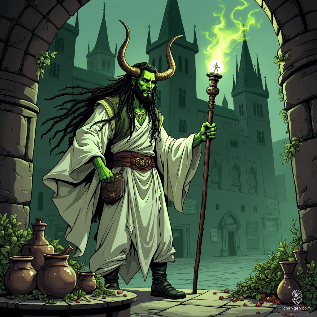 Grathorn, the Green Minotaur Sorcerer, is a formidable herbalist with a vibrant green hide, adorned in enchanted white robes. His dreadlocks cascade over a bull-like visage, while arcane sigils shimmer around him. In his cozy lair, he masterfully blends potions and remedies infused with magic.