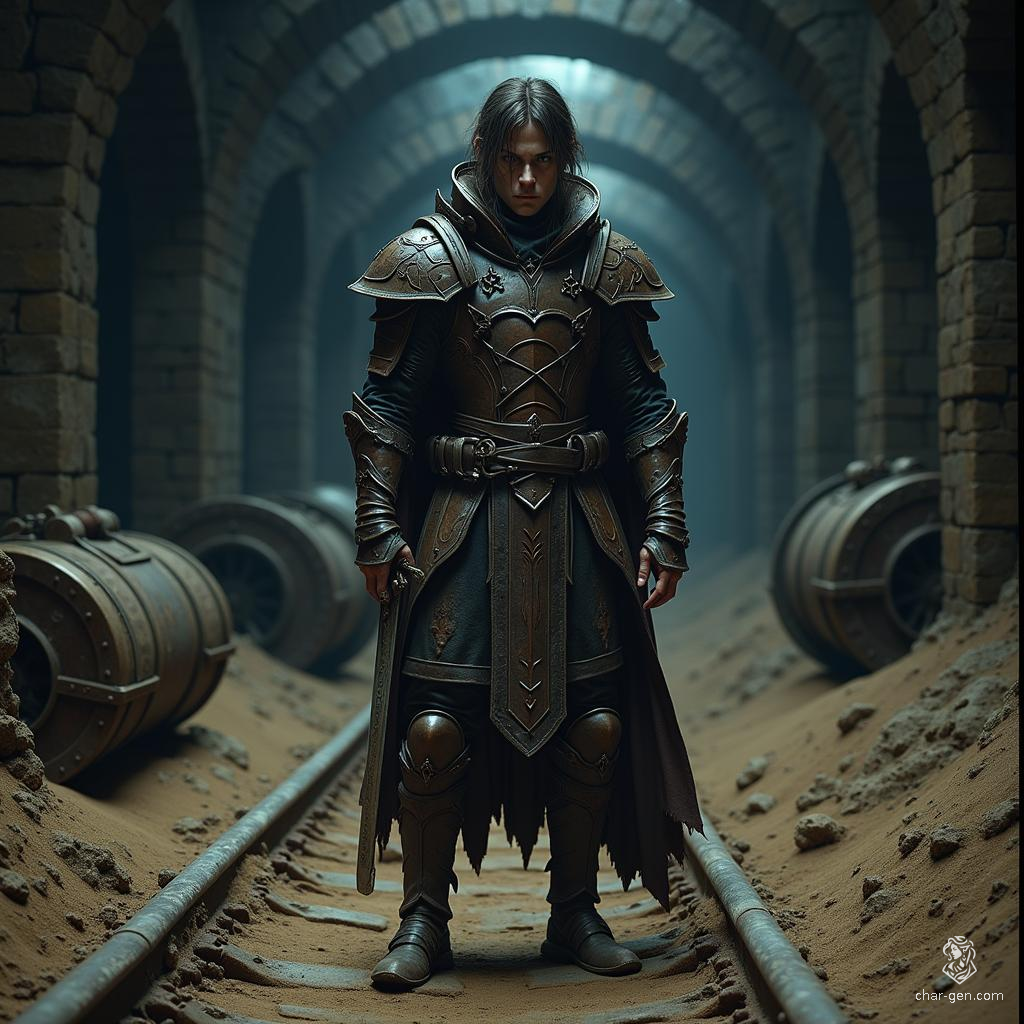 Fellgar, a 17-year-old human rogue, boasts a medium build and nimble agility. Clad in intricate leather armor, he carries a dagger with a strong grip. His stealthy demeanor belies a lack of wisdom, making him a crafty yet reckless criminal in the shadows.