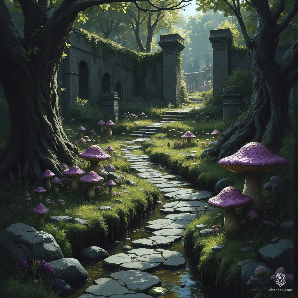 Venture into a murky swamp where sticky mud squelches beneath your feet and glowing crickets serenade the twilight. Tangled mangroves obscure pools of rippling water, while peculiar purple mushrooms cling to decaying logs. A broken highway bridge looms overhead, its pillars adorned with massive fay mushrooms, hinting at hidden secrets and lurking dangers. Beware the crossroads, a well-trodden campsite where curious adventurers have vanished without a trace.