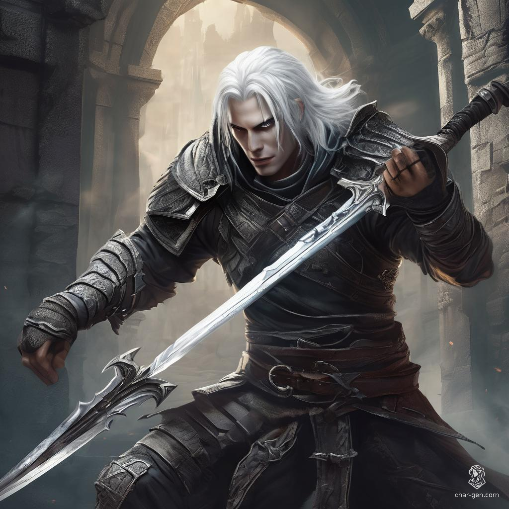 Haunted by a dark past, this 235-year-old male Shadar-kai rogue weaves through shadows with nimble grace. Clad in intricate leather armor, his striking white hair and obsidian eyes mirror the magic surrounding him. Armed with a dagger, he seeks redemption by hunting evil in the realm.