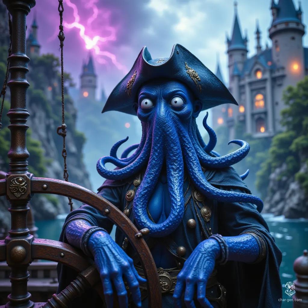  Captain Zara Thalassia, a middle-aged female mind flayer pirate, embodies danger and allure. With her purple, blue-skinned body and mesmerizing large white eyes, she strikes a seductive pose at the helm, brandishing a cutlass beneath her tricorn hat. Wrinkles hint at her wisdom, while her tentacles promise both allure and terror.