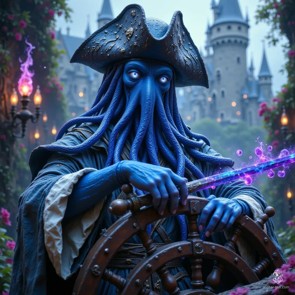  Captain Zara Thalassia, a middle-aged female mind flayer pirate, embodies danger and allure. With her purple, blue-skinned body and mesmerizing large white eyes, she strikes a seductive pose at the helm, brandishing a cutlass beneath her tricorn hat. Wrinkles hint at her wisdom, while her tentacles promise both allure and terror.