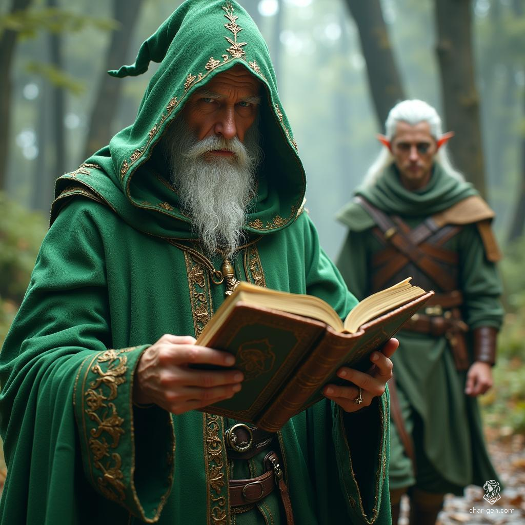 In a mystical forest, a green-robed wizard clutches a mysterious closed book, its pages whispering secrets untold. Behind him, a white-haired elven ranger strides confidently in leather armor, an eye patch hinting at past battles, leaving shadows of intrigue in his wake.