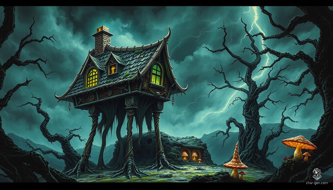 In the heart of a dark, enchanted forest, Baba Yaga's infamous hut stands ominously on colossal, sinewy chicken legs, each gnarled claw digging into the misty earth. The ancient, twisted wooden walls are covered in moss and glowing runes, casting an eerie green light through warped windows. Towering, twisted trees and glowing mushrooms fill the foreboding landscape, while storm clouds and flashes of lightning illuminate the scene, embodying the essence of dark magic and hidden dangers in a rich, dramatic Dungeons & Dragons style.