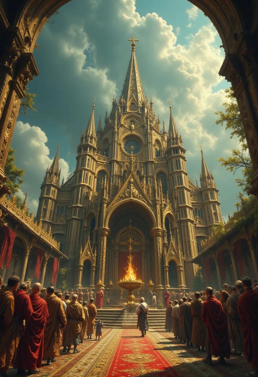 A radiant celestial guardian, cloaked in ethereal robes adorned with intricate patterns of light, stands within an ancient church. Surrounded by atmospheric stained glass, their piercing eyes glow with wisdom, embodying a serene blend of divinity and strength. A protector of faith, they watch over the realm with unwavering devotion.