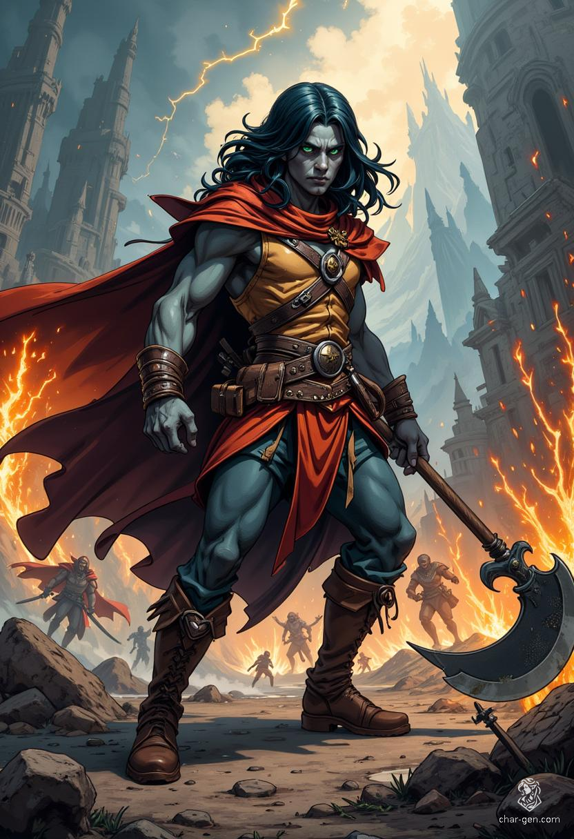 Cyren is a daring 16-year-old half-orc barbarian smuggler, standing 6'1" with slate grey skin and striking green eyes. Armed with a greataxe, she's formidable and resilient, driven by a quest for vengeance against a treacherous thief. Cynical yet adventurous, she thrives on risk.