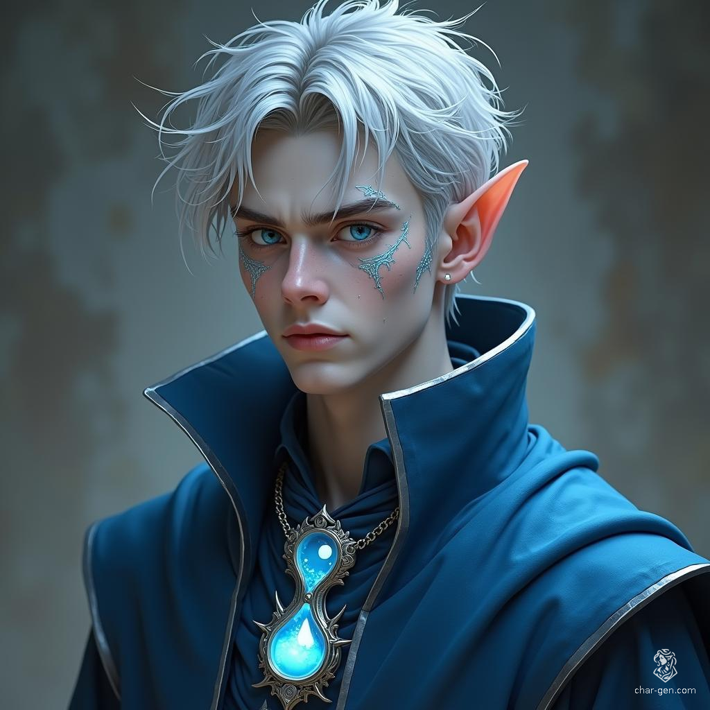 Vollaron, a frail young high elf, exudes an ethereal charm with his tousled silver-gray hair and piercing blue eyes radiating arcane energy. Adorned in oversized blue and silver robes, he embodies the mastery of chronomancy, with intricate glowing marks on his face hinting at his magical prowess.