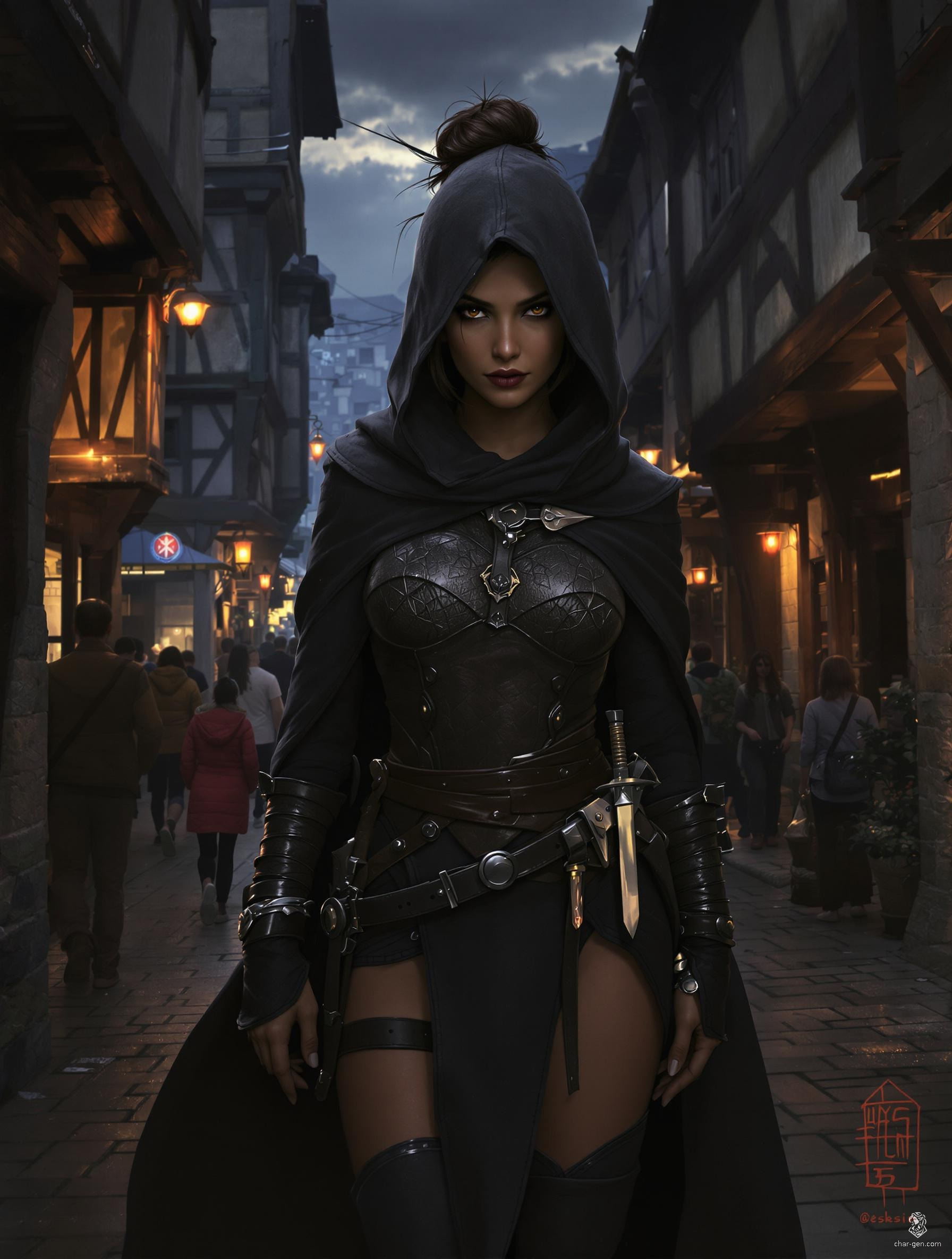 In the shadowed alleys of a bustling city market, a determined female assassin lurks. Her olive skin and dark brown hair are framed by a hooded cloak, perfectly concealing her well-fitted leather armor. Armed with a sheathed dagger and a hand crossbow, she blends into the twilight, a deadly presence in the night.