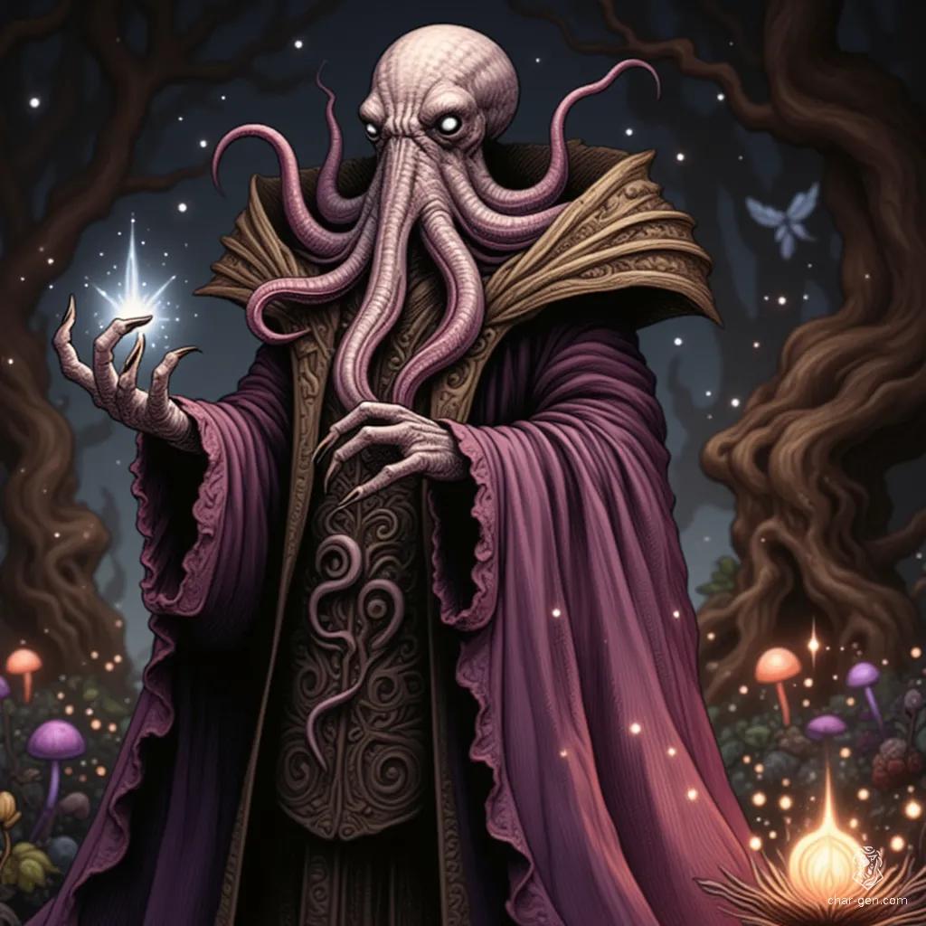 In a surreal clearing of the enchanted Feywild, a Mindflayer looms, its eerie, octopus-like head crowned with flowing tentacles. Adorned in an ornate, tattered robe, it channels psychic energy that weaves through the mystical forest, surrounded by glowing mushrooms and twisted trees, blending menace with whimsy. 