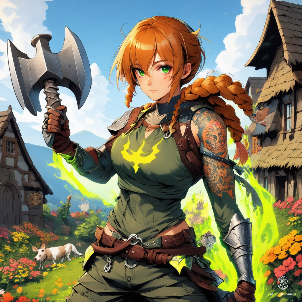 A petite, athletic girl with a tangled red-blonde braid, her fair skin sun-kissed from farm labor. Her green eyes flash yellow when conjuring magic, highlighted by glowing arm tattoos. In chain mail and leather trousers, a warhammer rests on her back, adding to her formidable presence.
