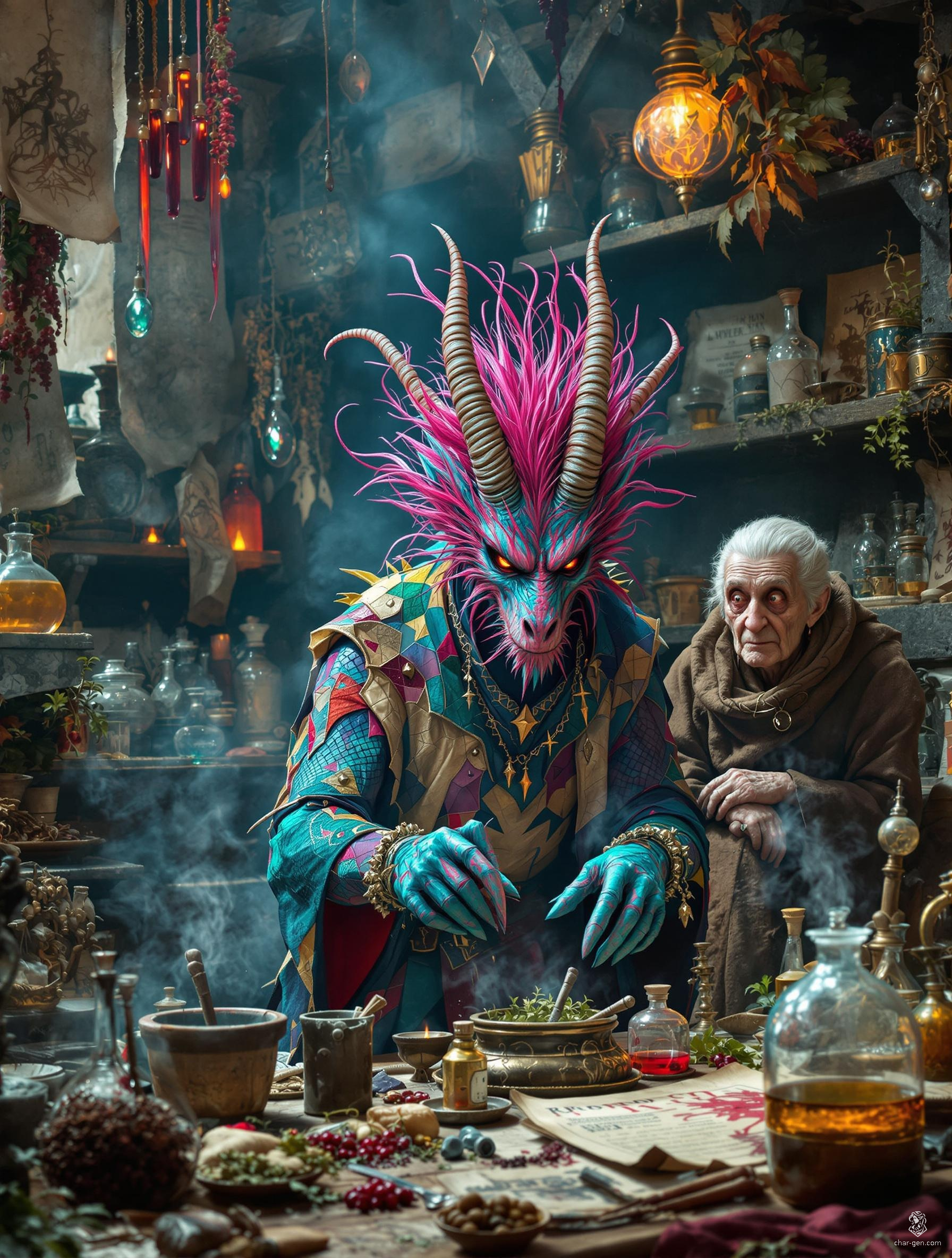 The crone stands at the intersection of ancient magic and madness, her haggard form cloaked in enchanted, tattered robes. Wrinkled and frail, with wild grey hair framing her frown-lined face, she commands an aura of eldritch power. Arcane sigils glow faintly around her, hinting at the unfathomable knowledge she wields.