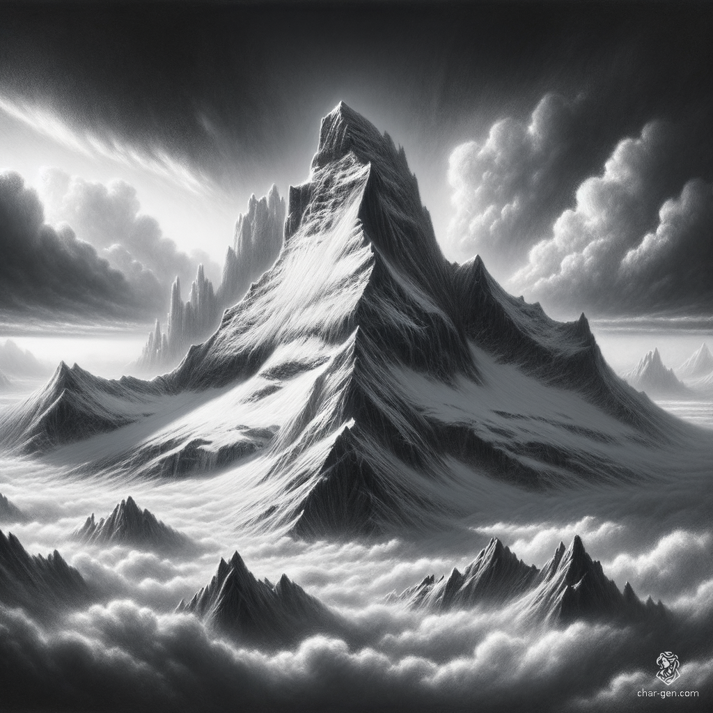 Amidst a monochromatic expanse, a lone snowy mountain rises majestically above the clouds. Rich textures and deep contrasts define its contours, while dynamic shading and detailed line work capture its rugged majesty. Dramatically lit, the scene evokes an ethereal, timeless beauty.