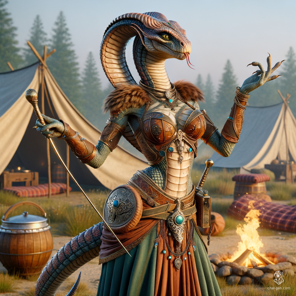 Thassia, a nimble and eloquent yuan-ti bard, captivates audiences with evocative melodies from her magical instrument. Clad in intricately detailed leather armor and belly dancer attire, her serpentine charm and intelligence shine through. She wields a rapier with confidence, exemplifying poise and elegance.